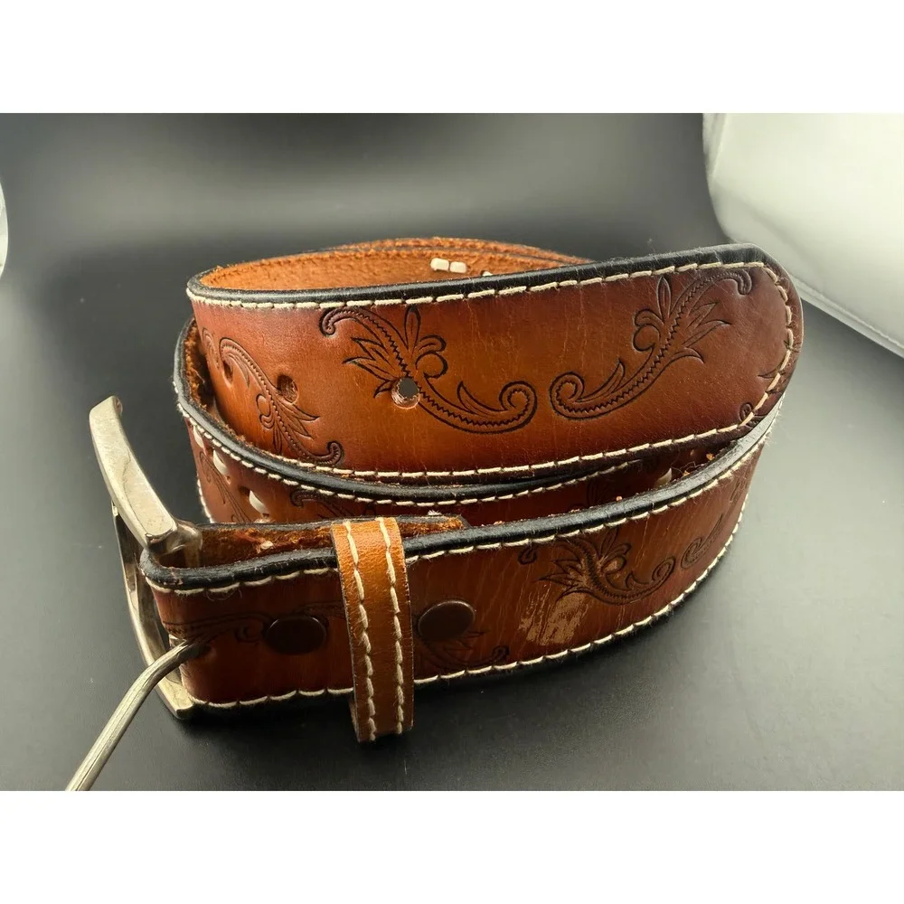Vintage Mens Brown Tooled Leather Western Belt Floral Whipstitch Size 38 2224